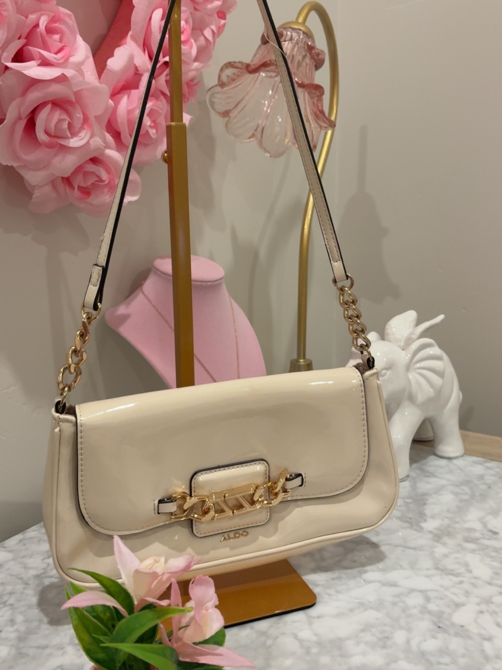 Aldo Cream Patent Shoulder Bag with Gold Chain Detail